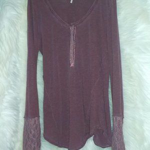 Free People Mauve Cotton Long Slv Shirt Lace Cuffs